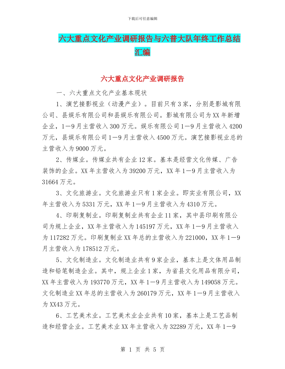 六大重点文化产业调研报告与六普大队年终工作总结汇编_第1页