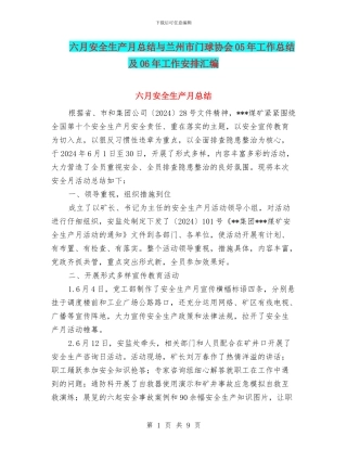 六月安全生产月总结与兰州市门球协会05年工作总结及06年工作安排汇编
