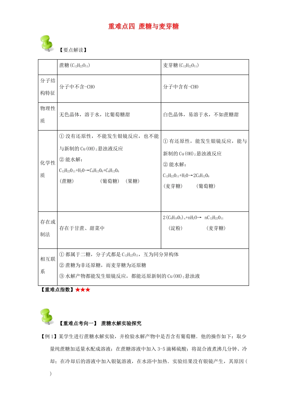 高中化学 第四章 基本营养物质 高分子 重难点四 蔗糖与麦芽糖（含解析）新人教版选修5-新人教版高二选修5化学试题_第1页
