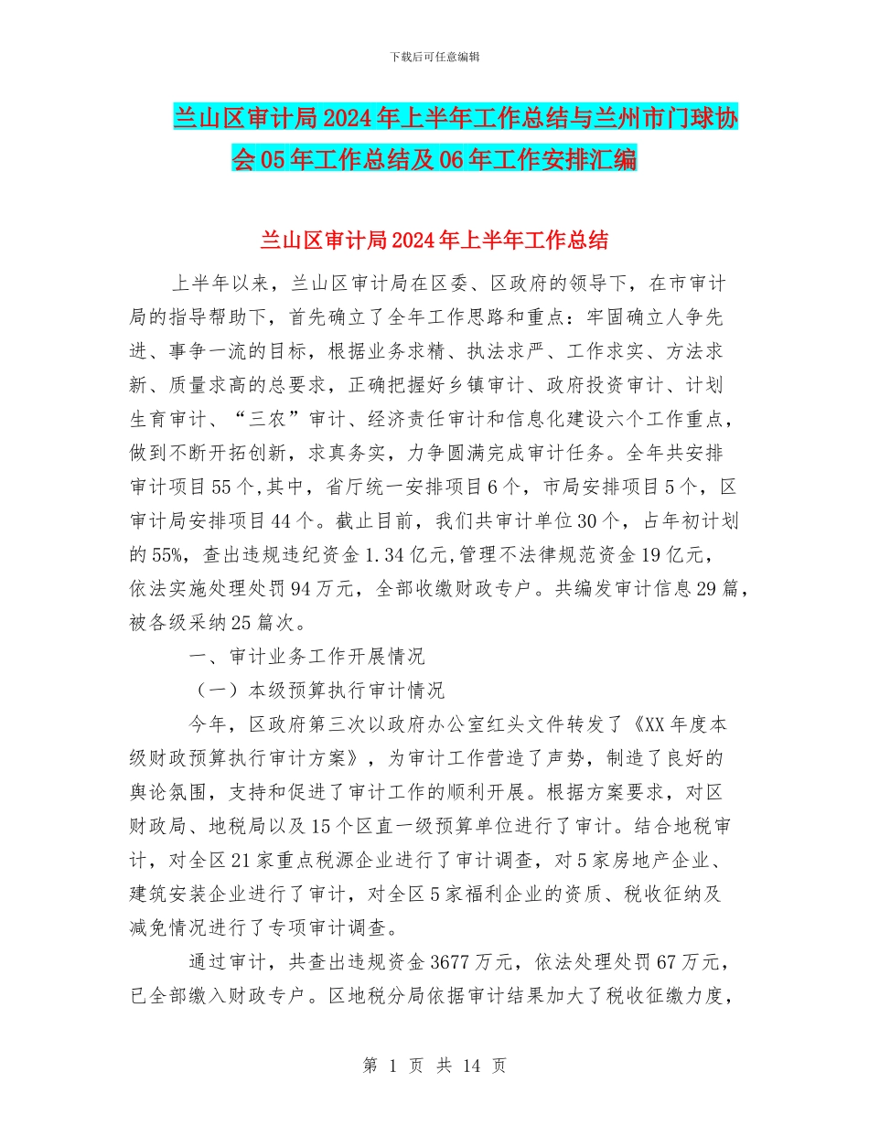 兰山区审计局2024年上半年工作总结与兰州市门球协会05年工作总结及06年工作安排汇编_第1页