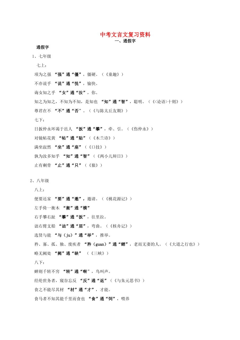 中考语文 文言文复习资料之通假字试卷_第1页
