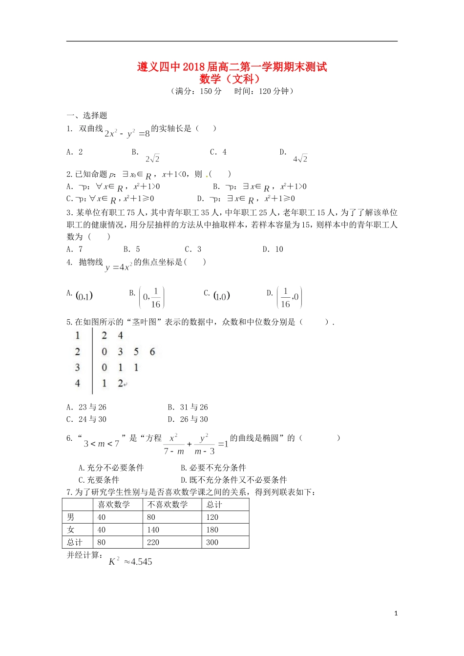贵州省遵义四中高二数学上学期期末考试试题 文-人教版高二全册数学试题_第1页