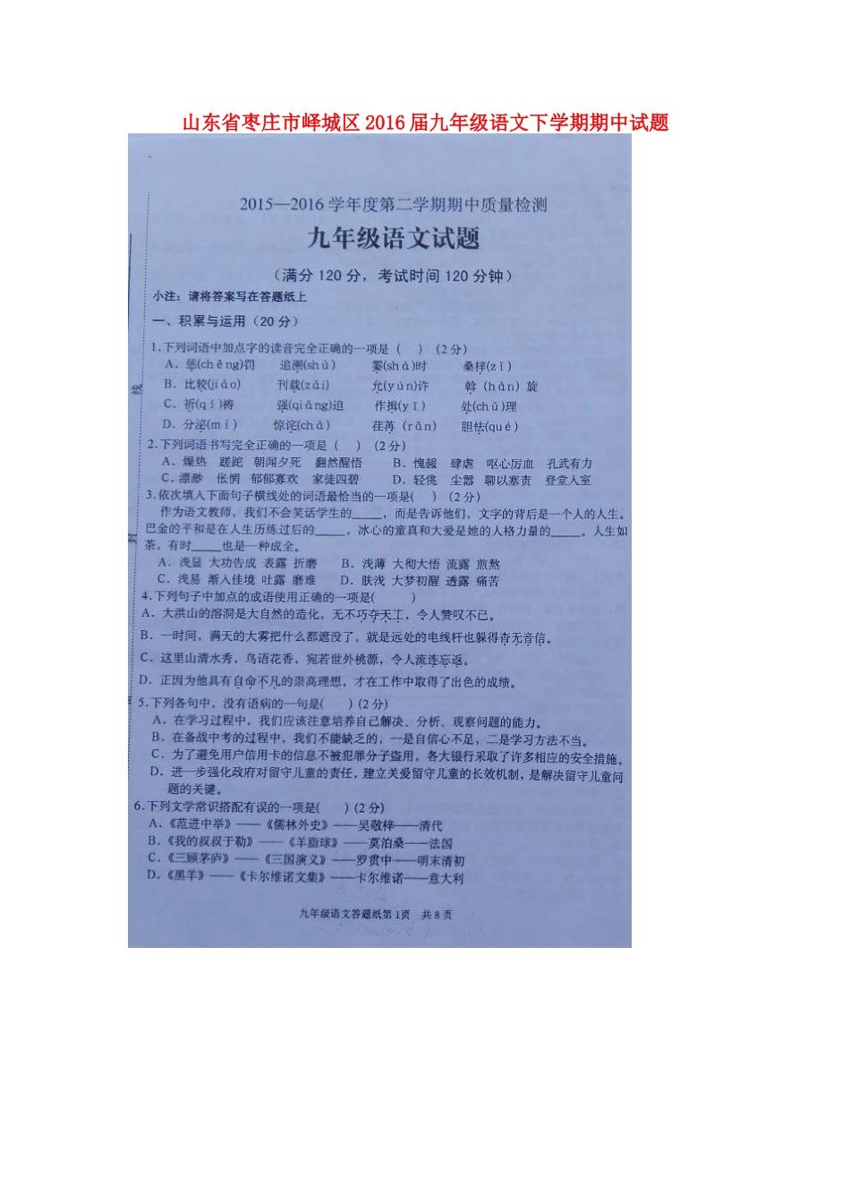 山东省枣庄市峄城区九年级语文下学期期中试卷试卷_第1页