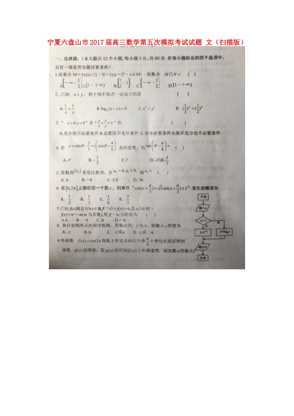 宁夏六盘山市高三数学第五次模拟考试试卷 文试卷_第1页