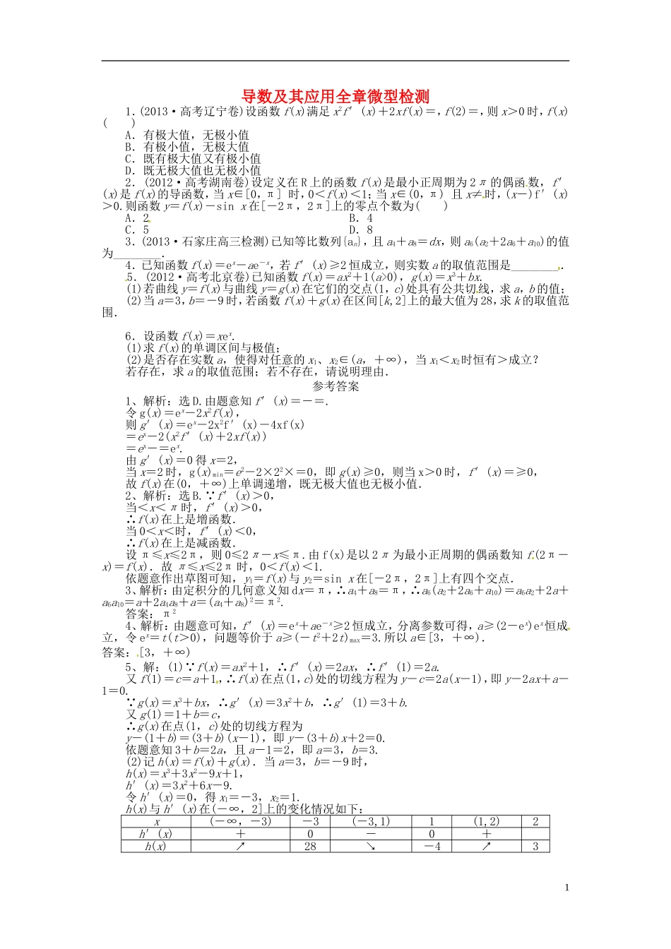 高中数学 第一章 导数及其应用单元检测 新人教版选修2-2-新人教版高二选修2-2数学试题_第1页