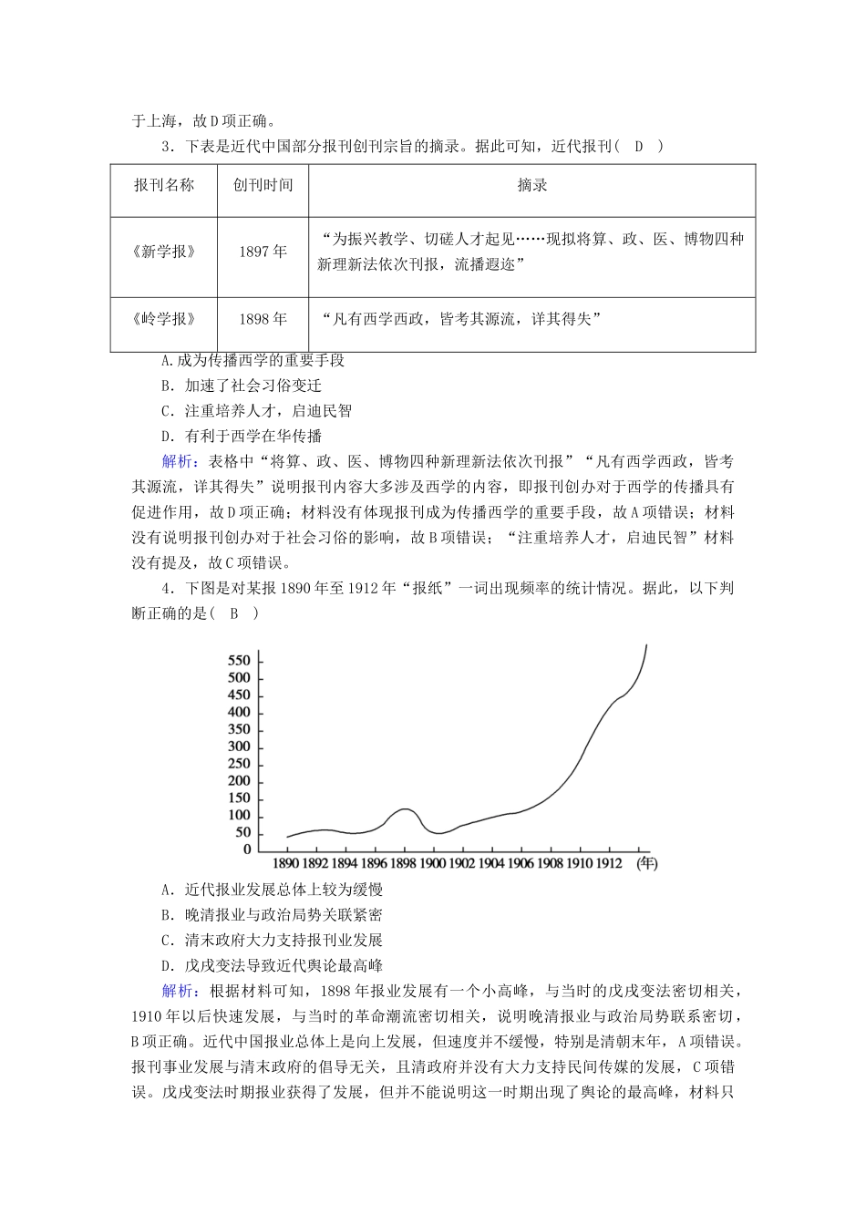 高中历史 第五单元 中国近现代社会生活的变迁 第16课 大众传媒的变迁跟踪检测（含解析）新人教版必修2-新人教版高一必修2历史试题_第2页