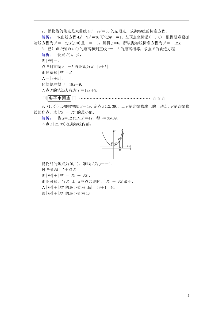 高中数学 第二章 圆锥曲线与方程 2.3.1 抛物线及其标准方程高效测评 新人教A版选修1-1-新人教A版高二选修1-1数学试题_第2页