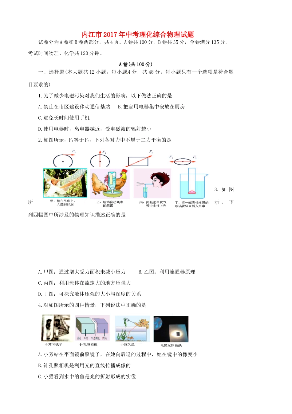 四川省内江市中考物理真题试卷试卷_第1页