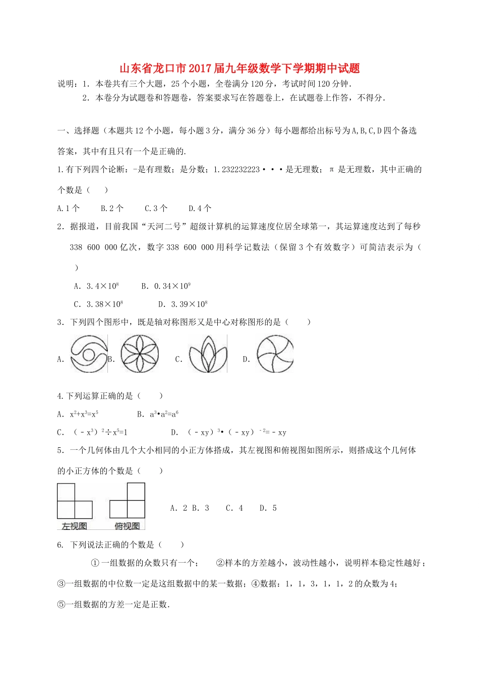 九年级数学下学期期中试卷(五四制)试卷_第1页