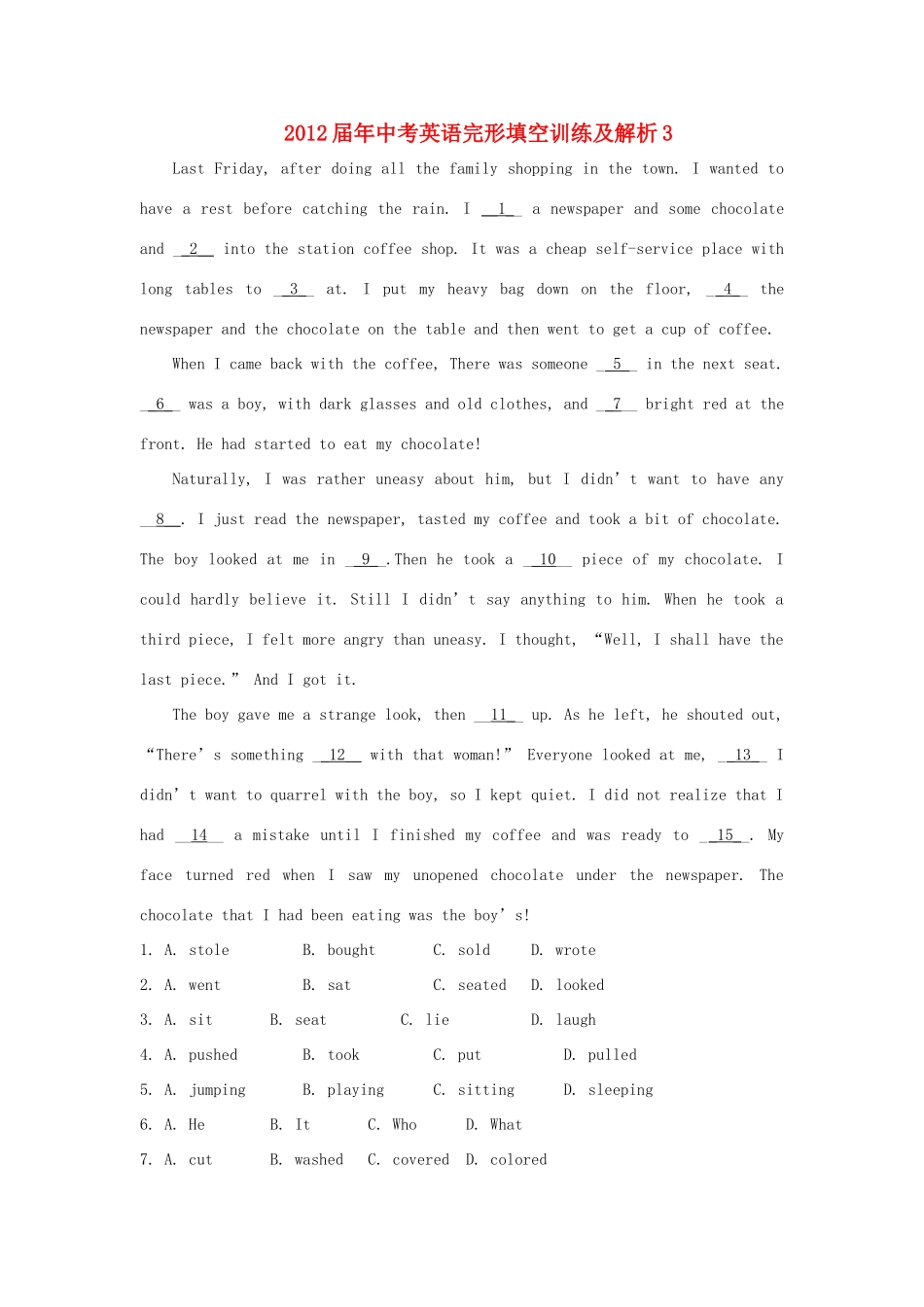 中考英语完形填空训练及解析3 人教新目标版试卷_第1页