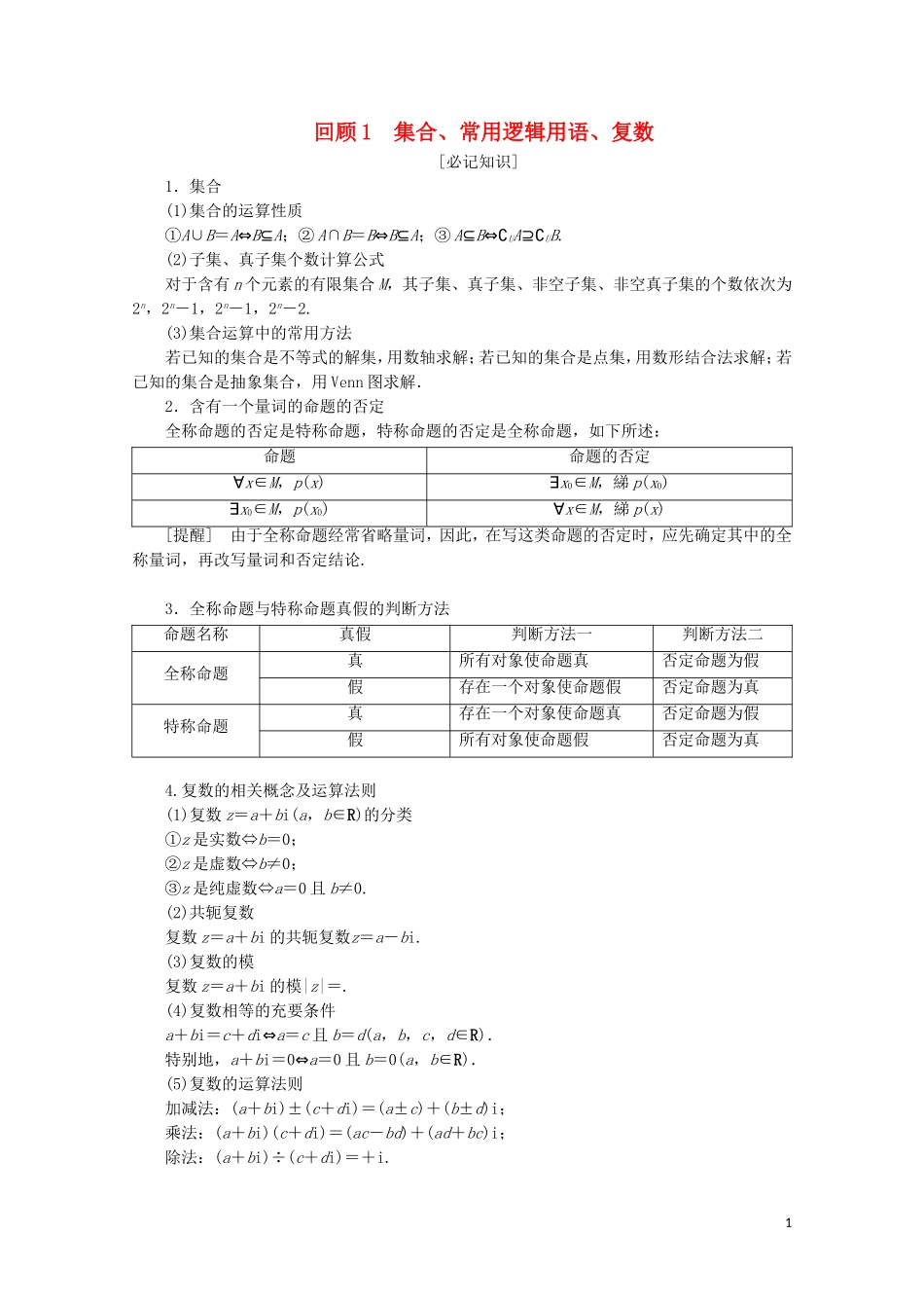 （京津鲁琼专用）高考数学二轮复习 第三部分 教材知识 重点再现 回顾1 集合、常用逻辑用语、复数练习（含解析）-人教版高三全册数学试题_第1页
