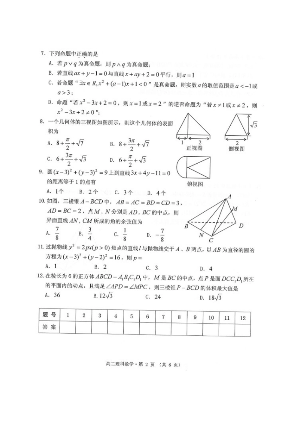 安徽省黄山市 高二数学上学期期末质量检测试卷 理试卷_第2页
