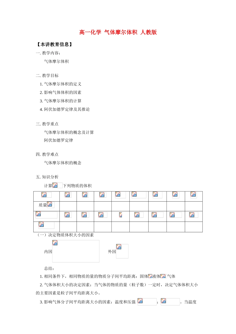 高一化学 气体摩尔体积 人教版 知识精讲_第1页
