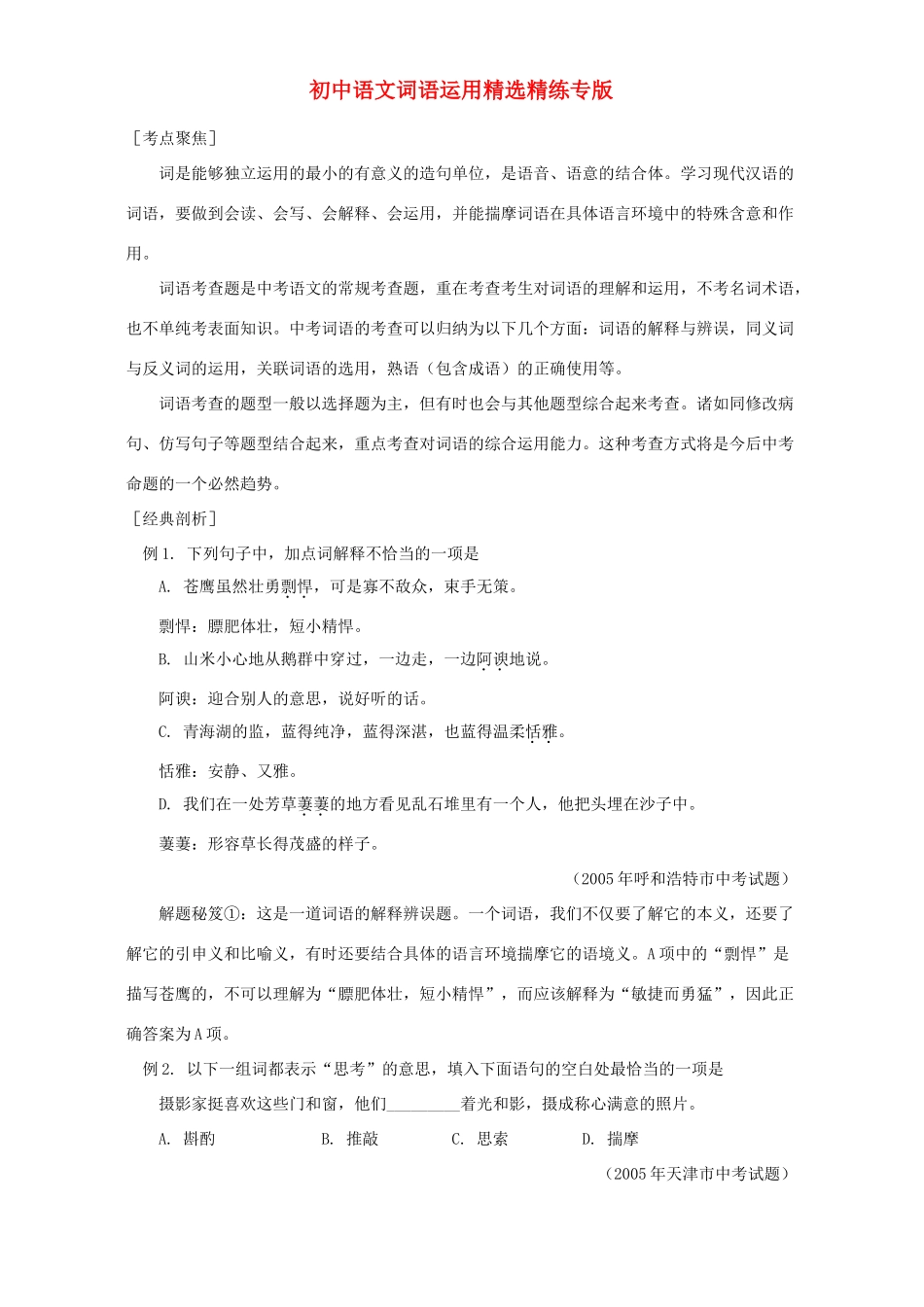 初中语文词语运用精选精练专版 试题_第1页