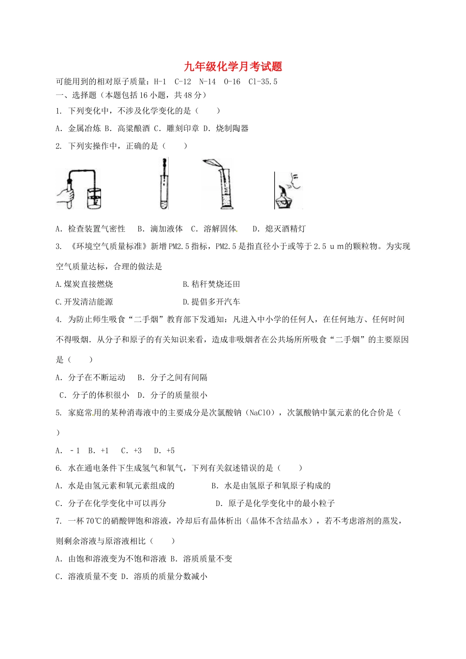 山东省滨州市惠民县九年级化学下学期第一次月考试卷试卷_第1页