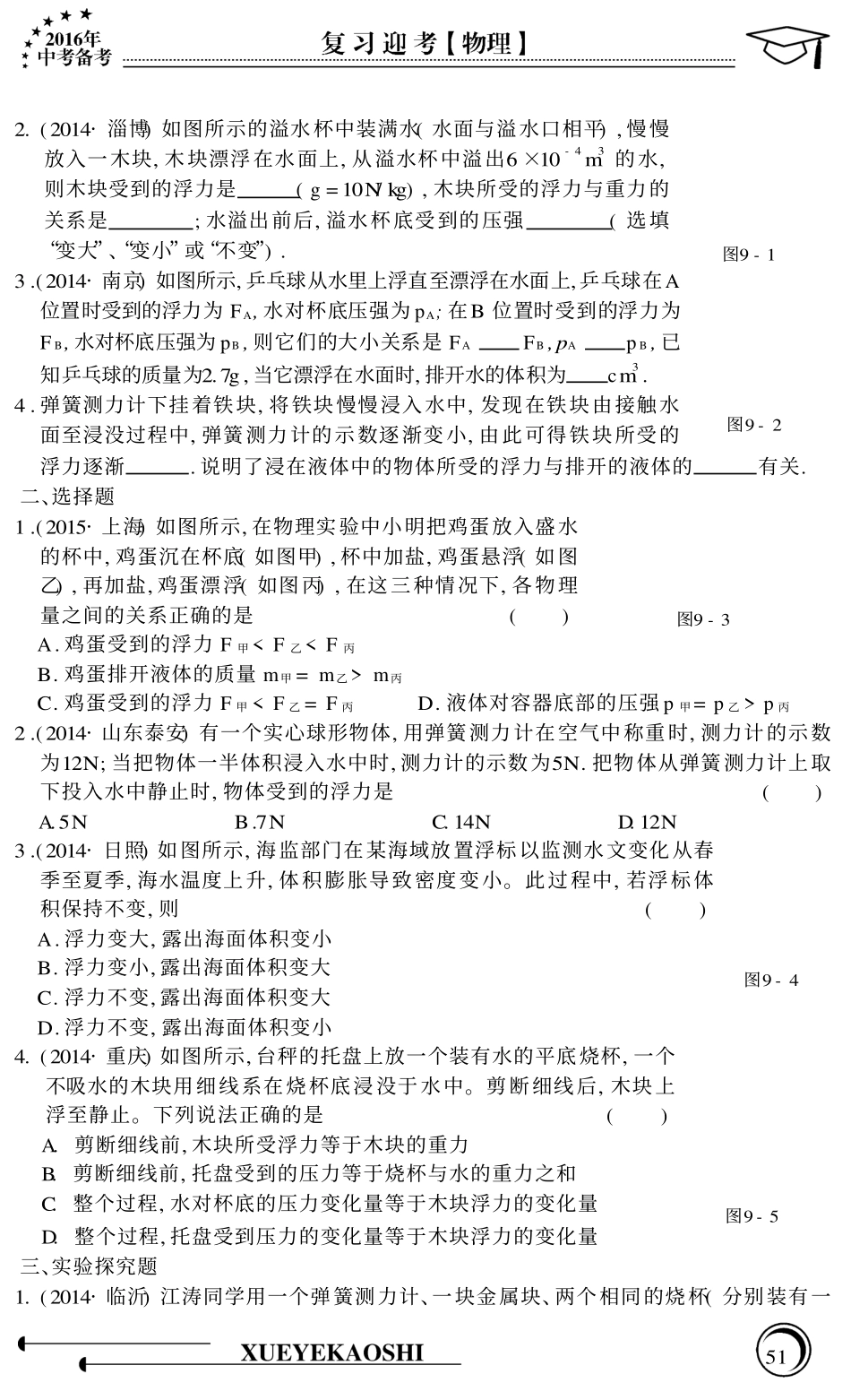 中考物理专题复习 第9章 浮力(pdf，无答案) 沪科版试卷_第3页