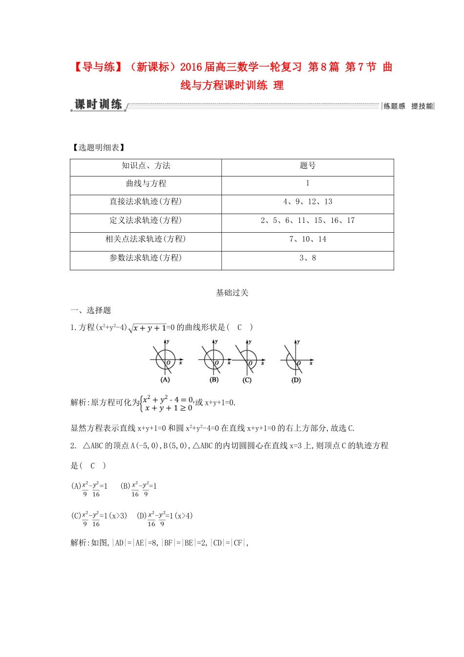 （新课标）高三数学一轮复习 第8篇 第7节 曲线与方程课时训练 理-人教版高三全册数学试题_第1页