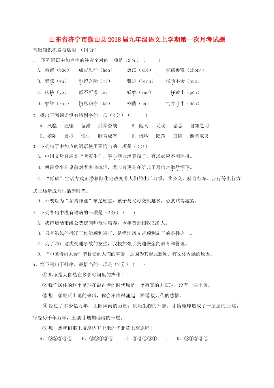山东省济宁市微山县九年级语文上学期第一次月考试卷 新人教版试卷_第1页