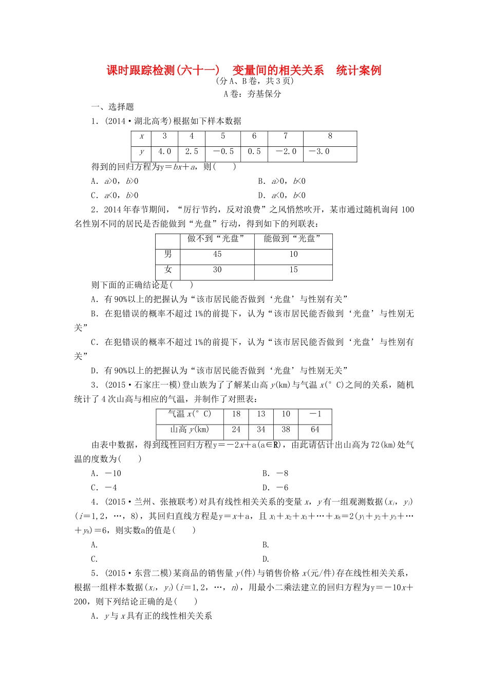 （新课标）高考数学大一轮复习 课时跟踪检测（六十一）变量间的相关关系统计案例 文（含解析）-人教版高三全册数学试题_第1页