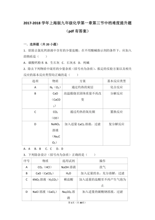 九年级化学上册 第一章 化学的魅力 第三节 物质的提纯中档难度提升题(pdf，含解析) 沪教版试卷