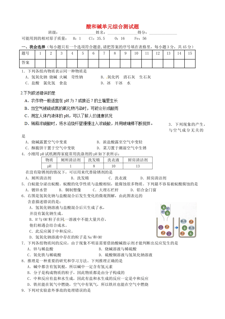 九年级化学下册 第十单元 酸和碱单元综合测试卷(新版)新人教版试卷_第1页