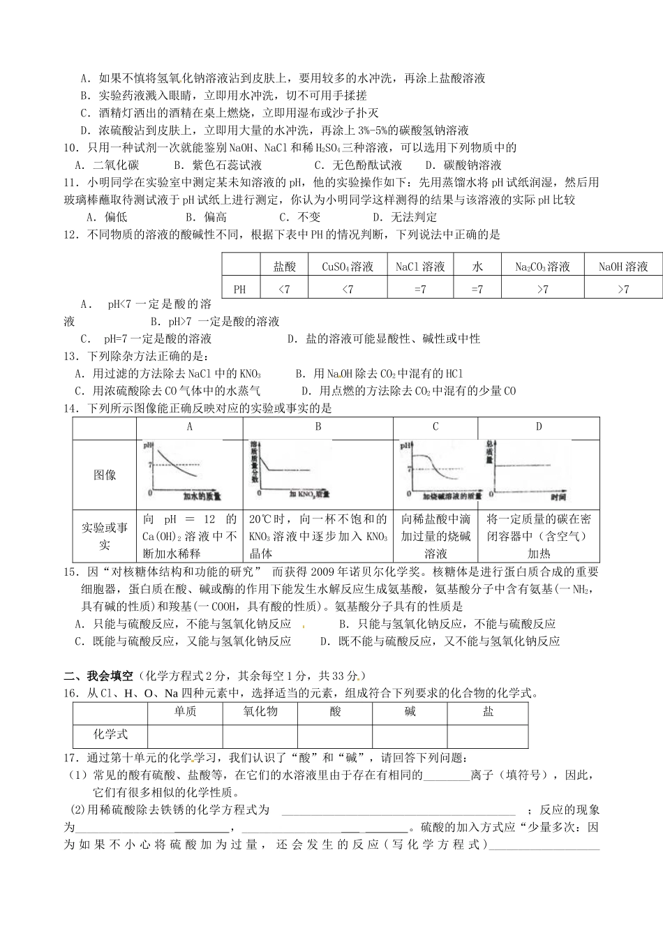九年级化学下册 第十单元 酸和碱单元综合测试卷(新版)新人教版试卷_第2页