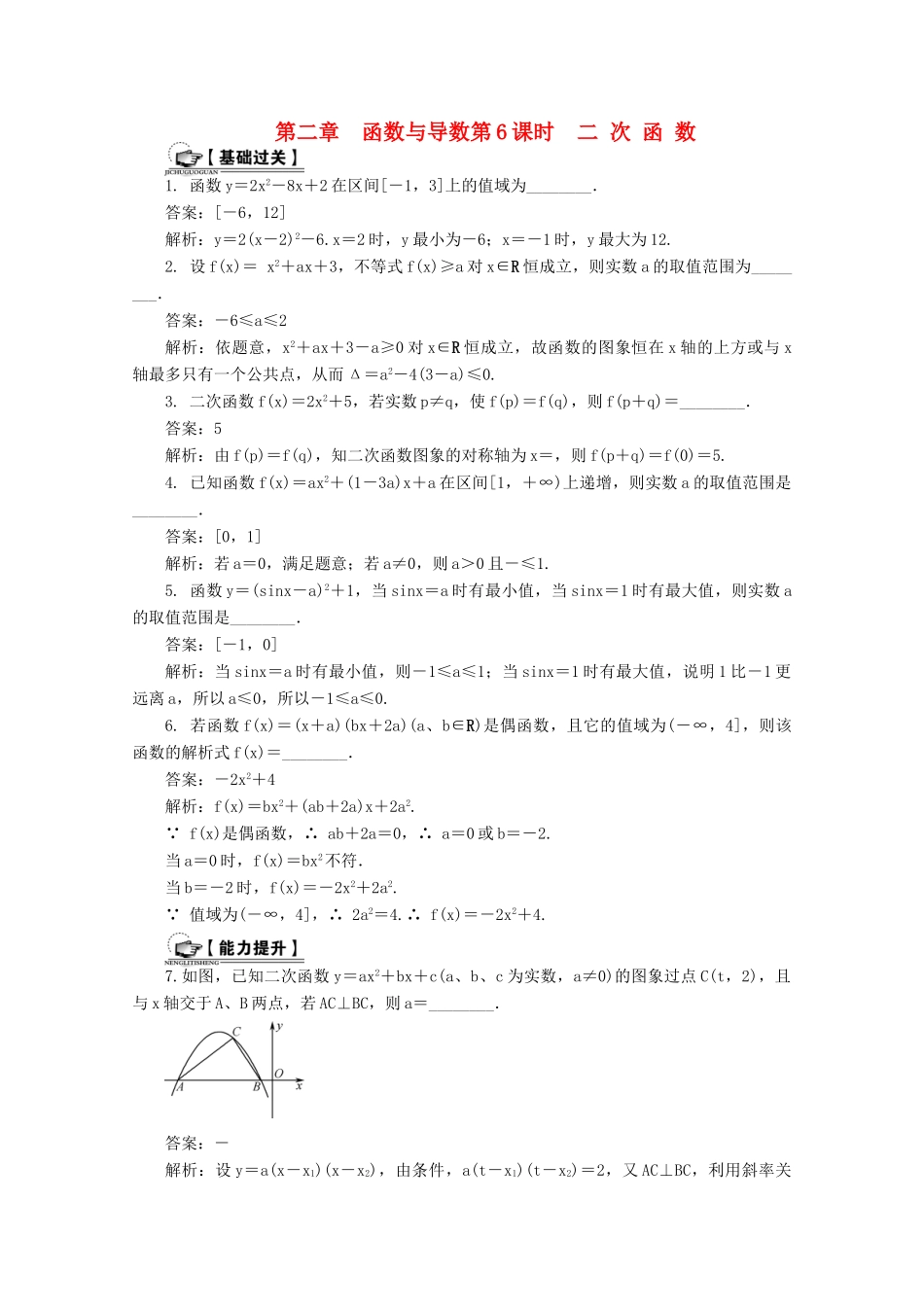 高考数学总复习 第2章 函数与导数 第6课时 二次函数课时训练（含解析）-人教版高三全册数学试题_第1页