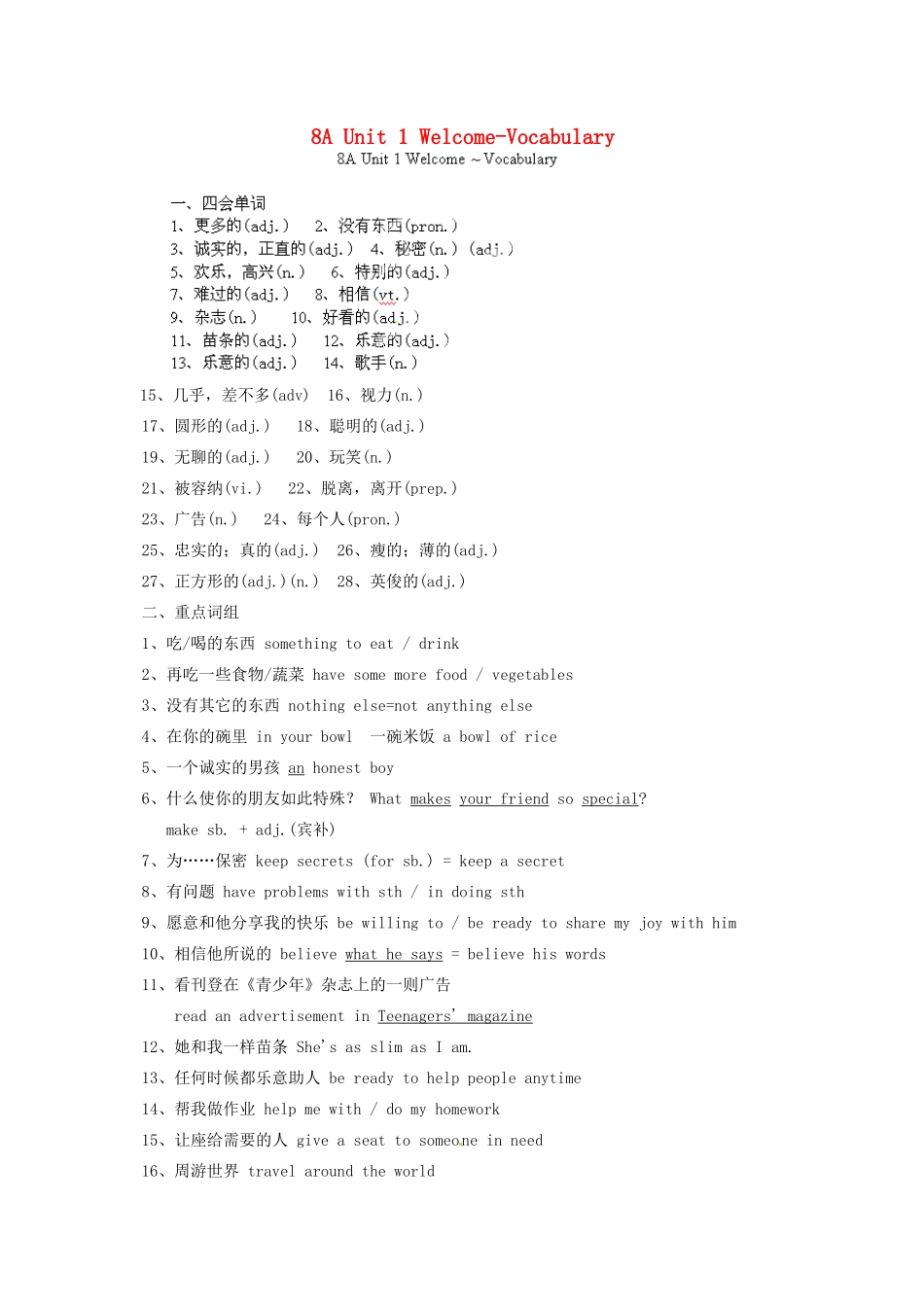 中考英语总复习 8A Unit 1 Welcome-Vocabulary试卷_第1页