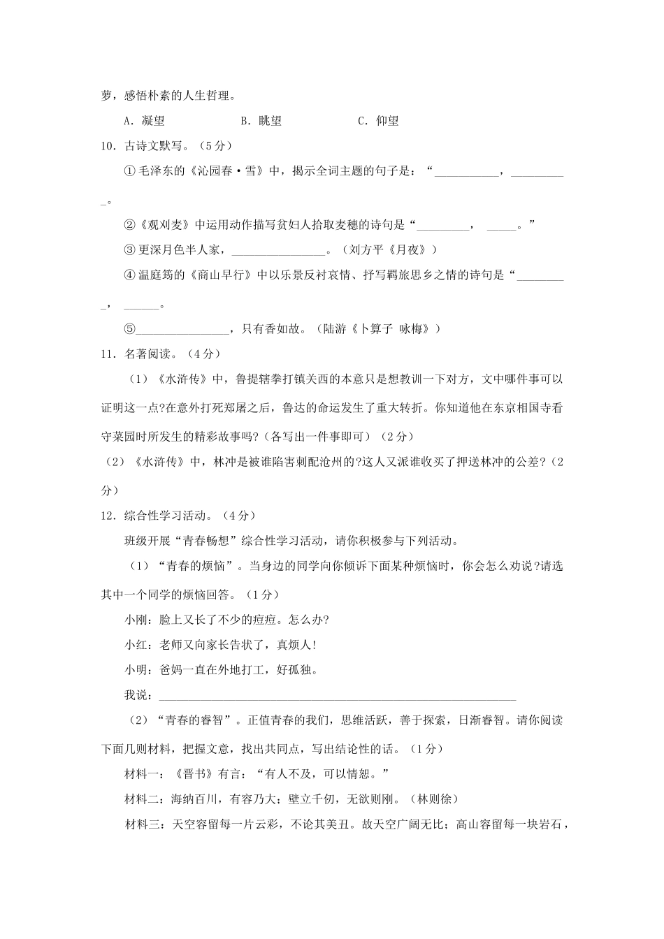山东省临沂市莒南县九年级语文上学期期中考试试卷_第3页