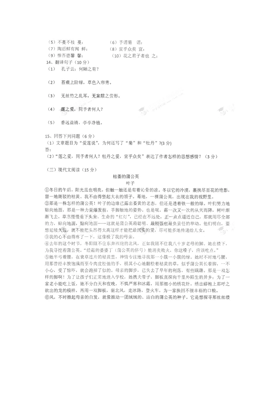 山东省郯城县七年级语文下学期第二次作业质量调研试卷(扫描版，无答案) 鲁教版试卷_第3页