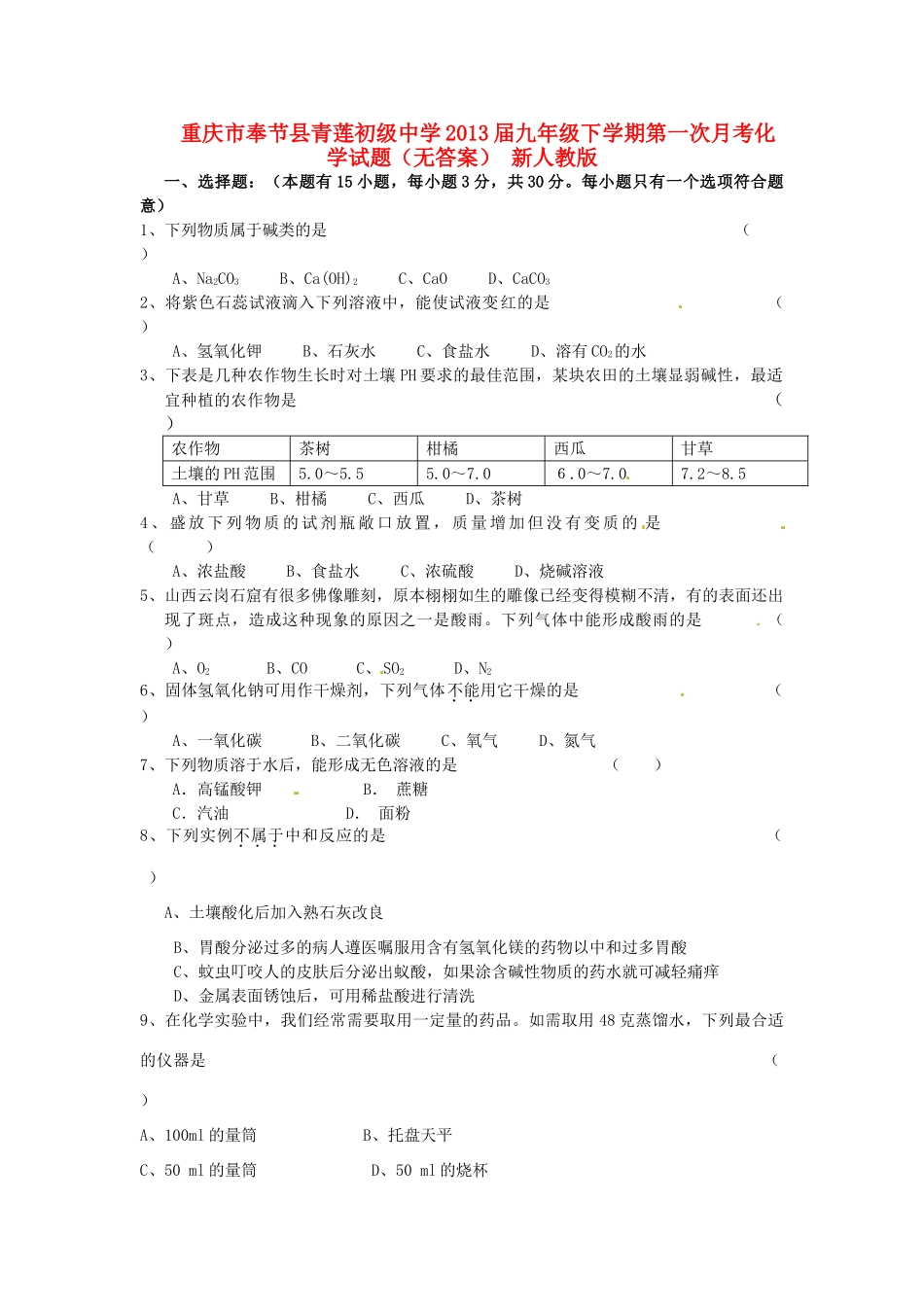 九年级下学期第一次月考化学试卷 新人教版试卷_第1页