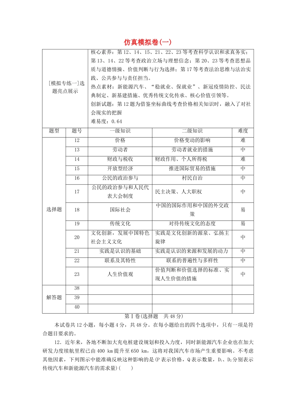 （统考版）2021高考政治二轮复习 仿真模拟卷1（含解析）-人教版高三全册政治试题_第1页
