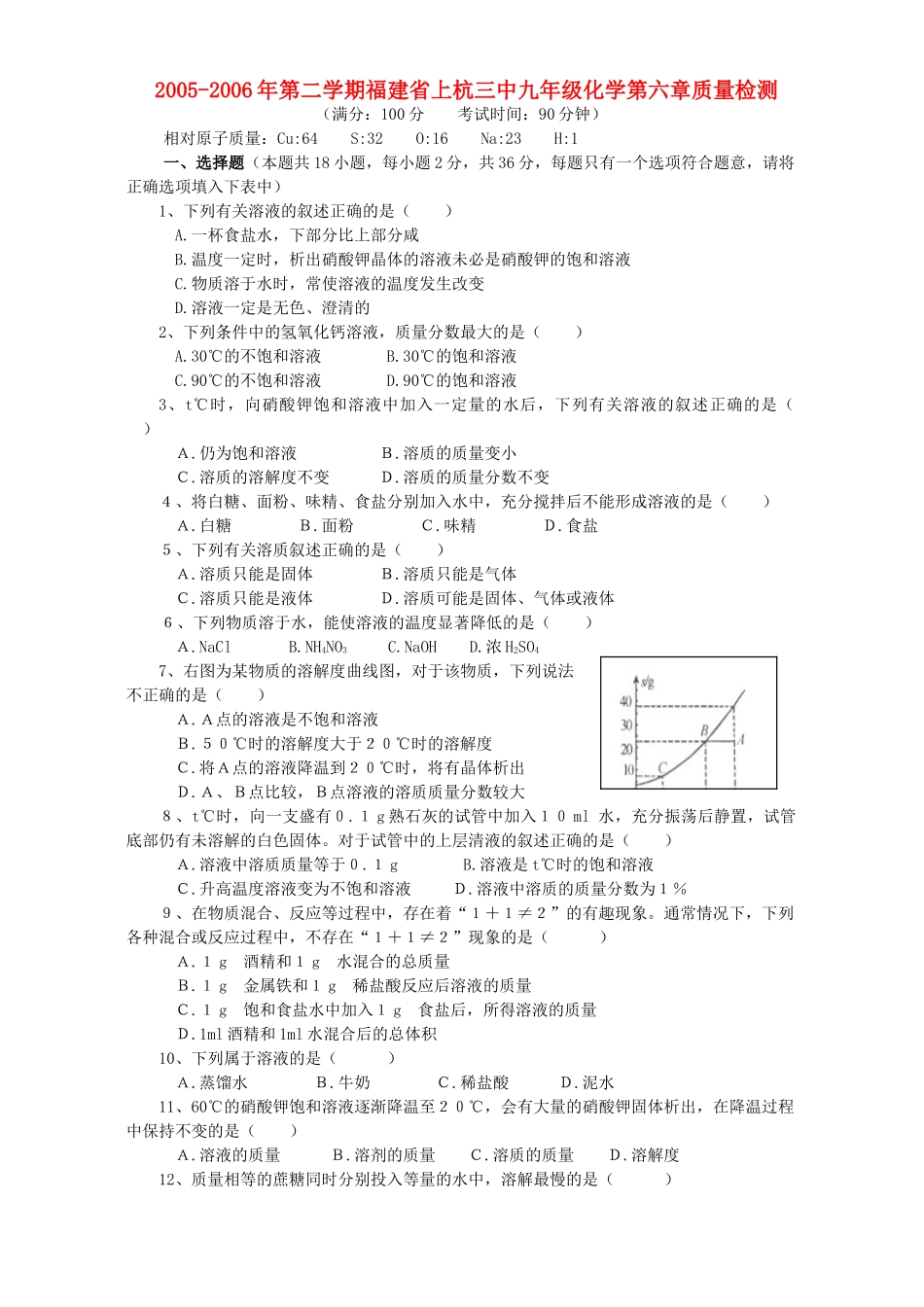 九年级化学第六章质量检测 沪教版试卷_第1页
