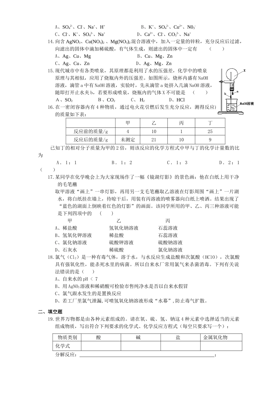 初三化学素质与能力训练 应用广泛的酸 碱 盐 单元自测B 试题_第2页