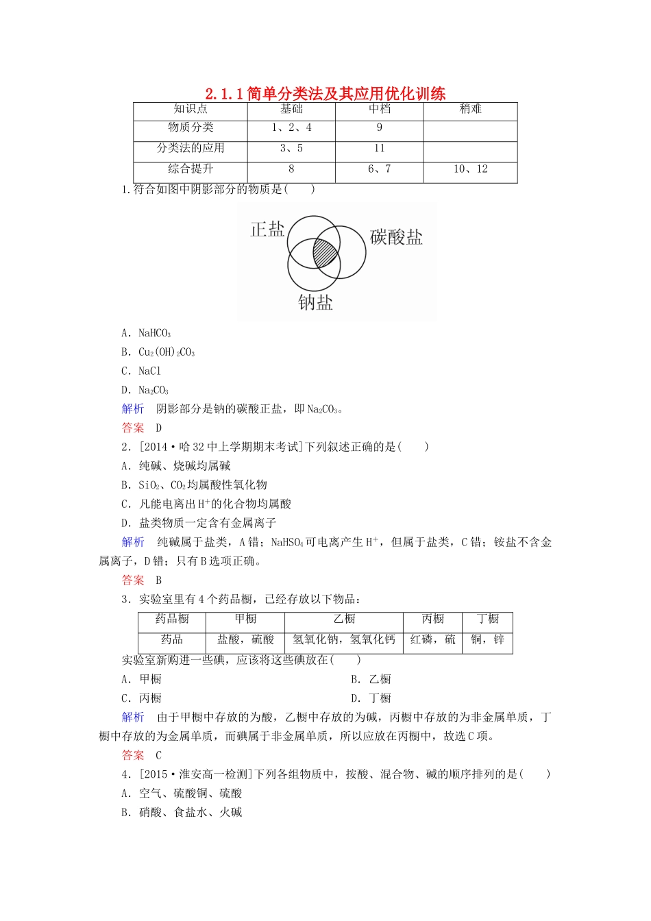 高中化学 2.1.1简单分类法及其应用优化训练 新人教版必修1-新人教版高一必修1化学试题_第1页