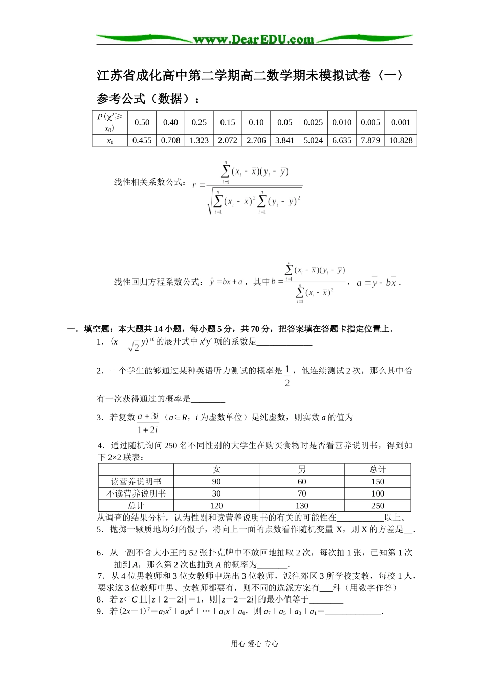 江苏省成化高中第二学期高二数学期未模拟试卷（一）苏教版必修四_第1页