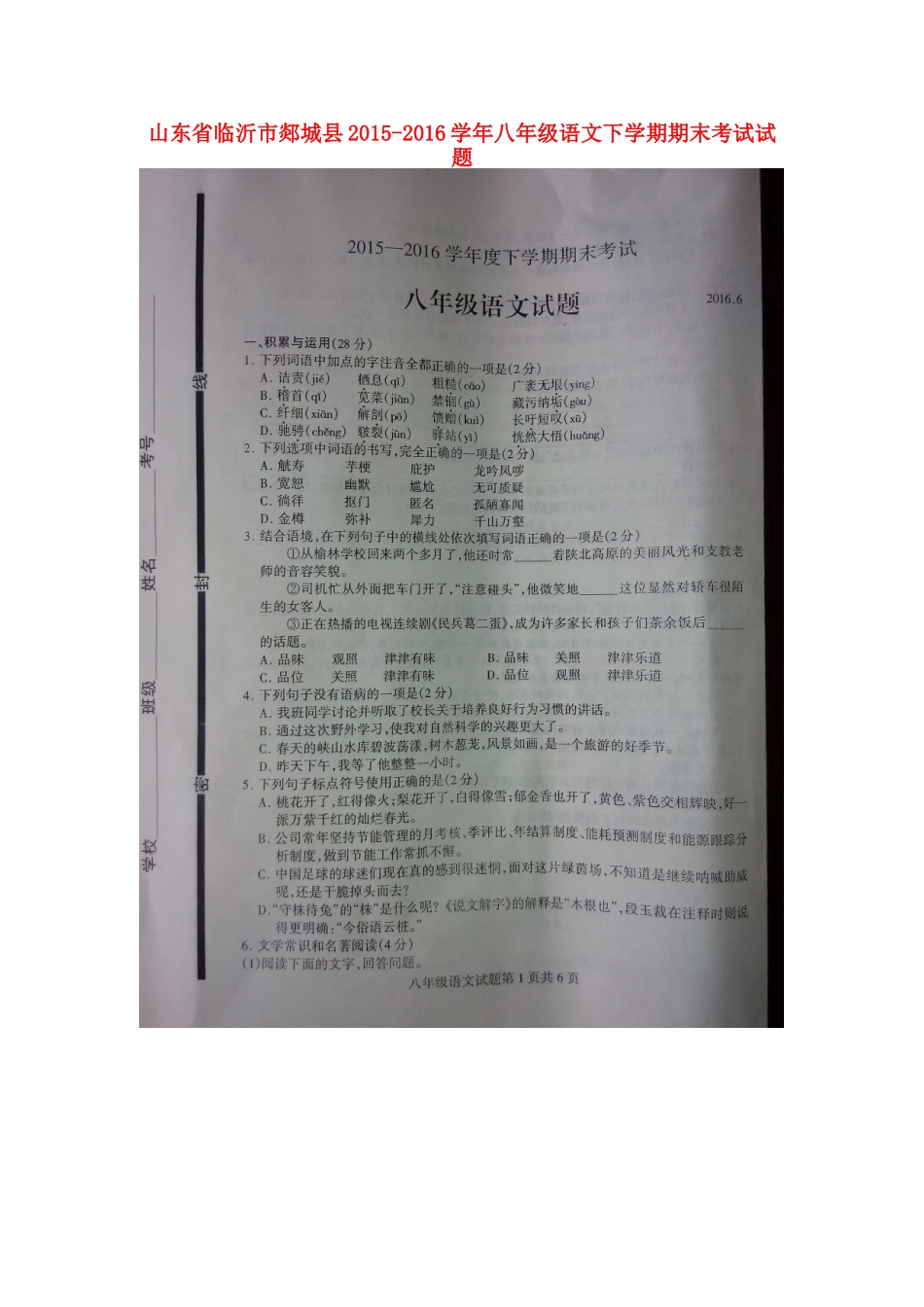 山东省临沂市郯城县 八年级语文下学期期末考试试卷新人教版试卷_第1页