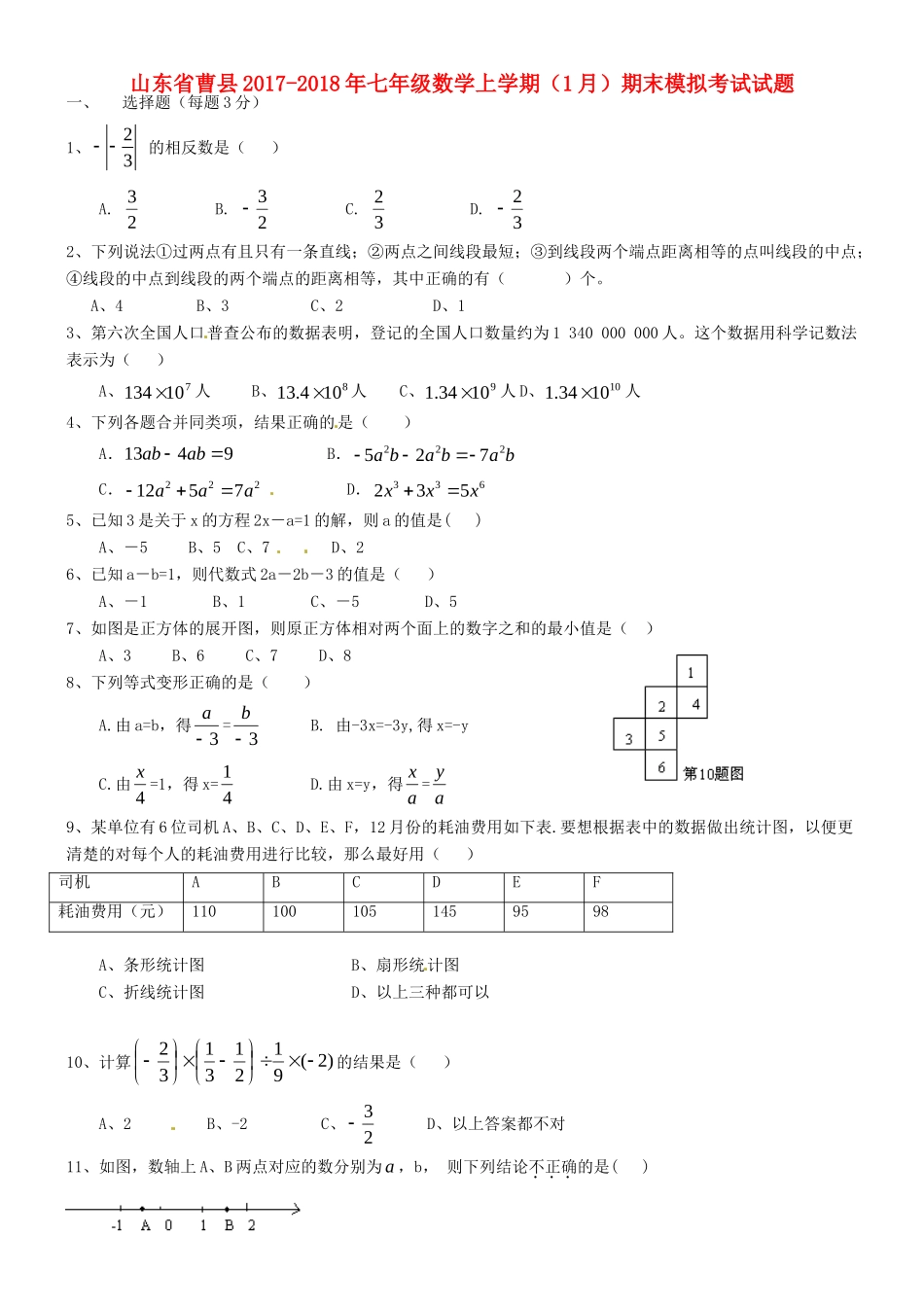 山东省曹县七年级数学上学期(1月)期末模拟考试试卷 新人教版试卷_第1页