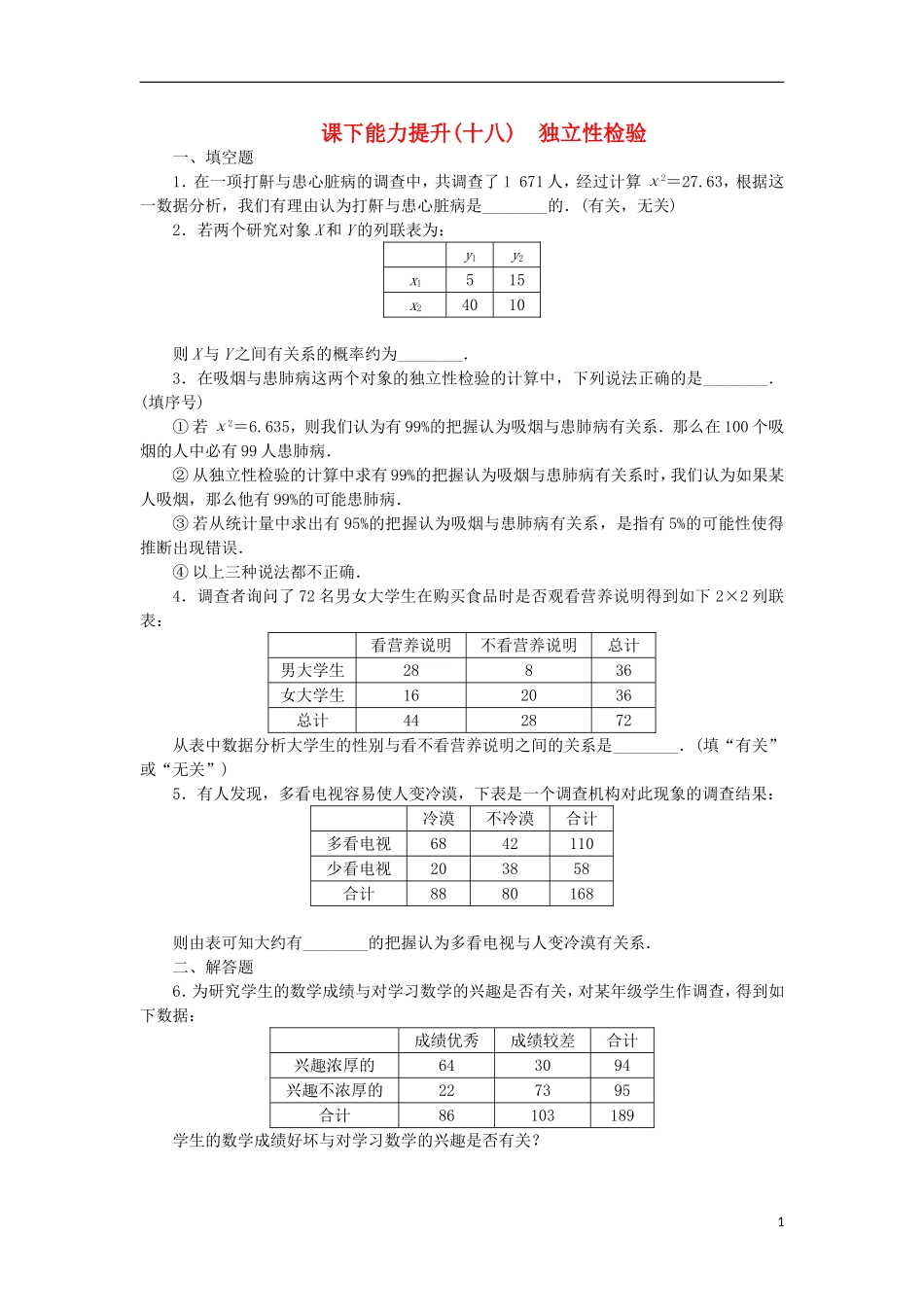 高中数学 课下能力提升（十八）独立性检验 苏教版选修2-3-苏教版高二选修2-3数学试题_第1页