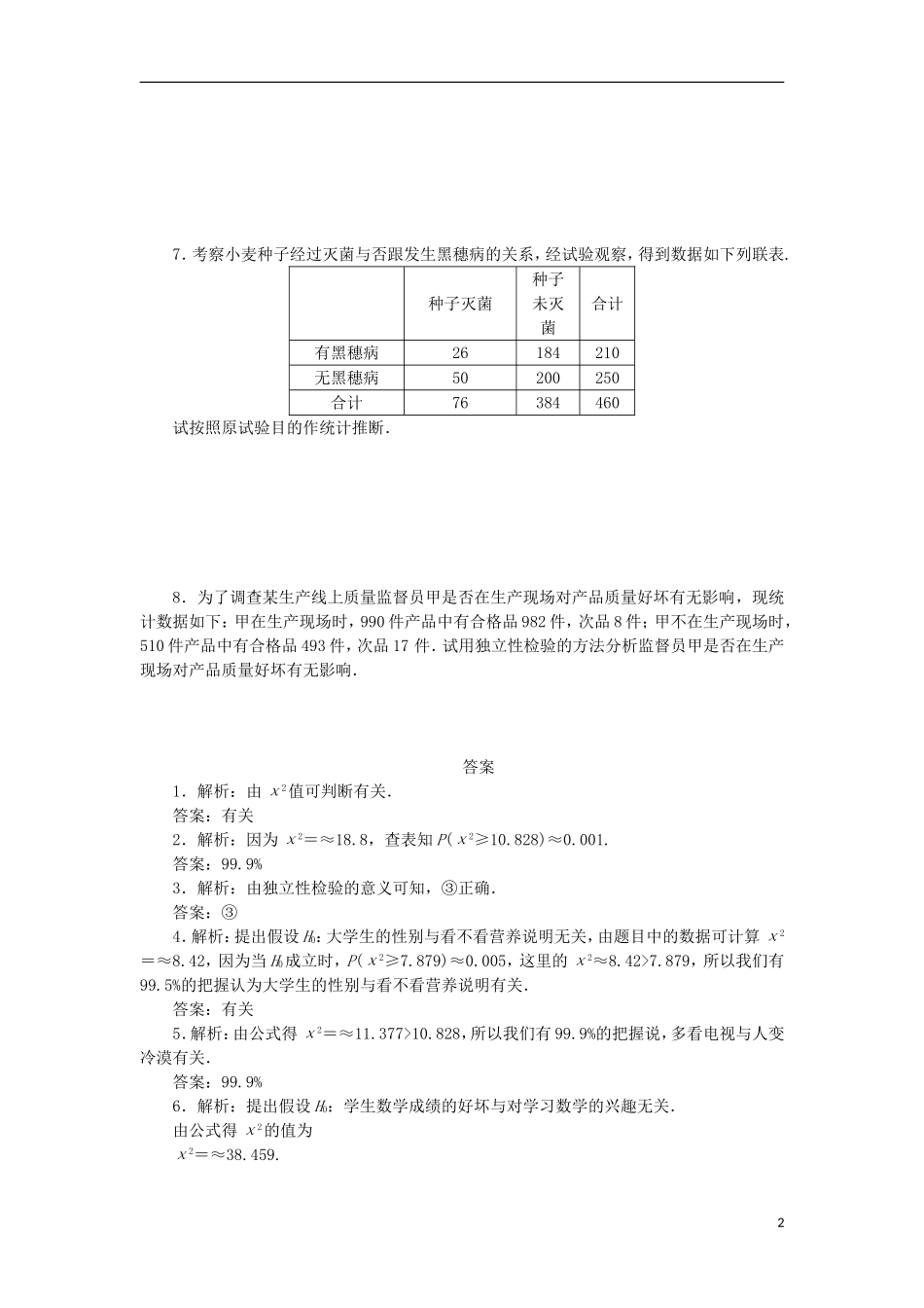 高中数学 课下能力提升（十八）独立性检验 苏教版选修2-3-苏教版高二选修2-3数学试题_第2页
