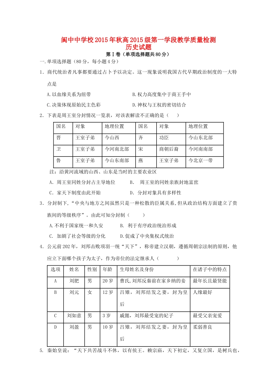校高一历史上学期10月教学质量检测（期中）试题-人教版高一全册历史试题_第1页