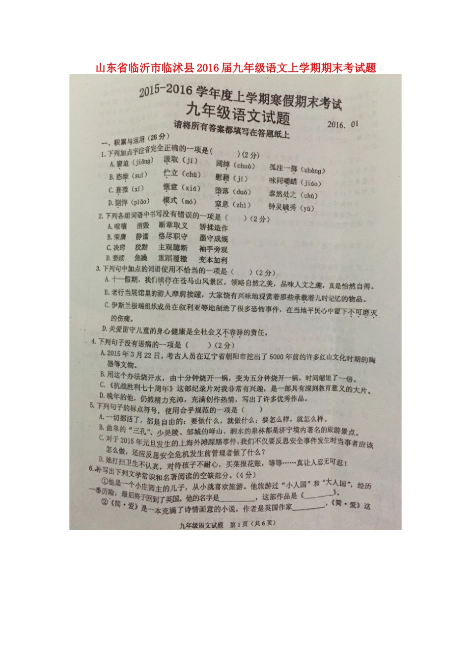 山东省临沂市临沭县九年级语文上学期期末考试卷新人教版试卷_第1页