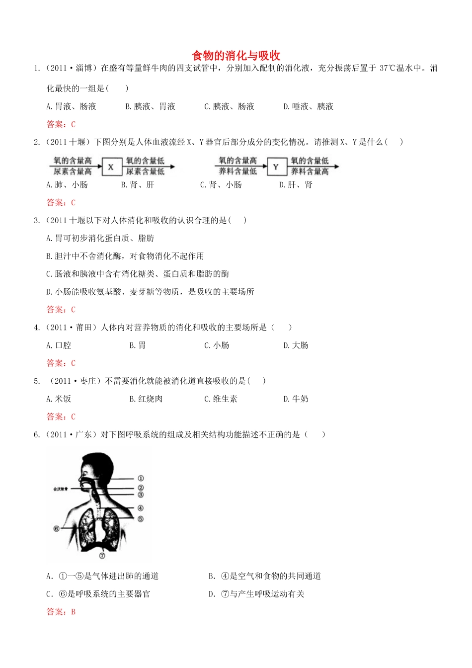 中考生物试卷分类集之十一 人体的消化与吸收试卷_第1页
