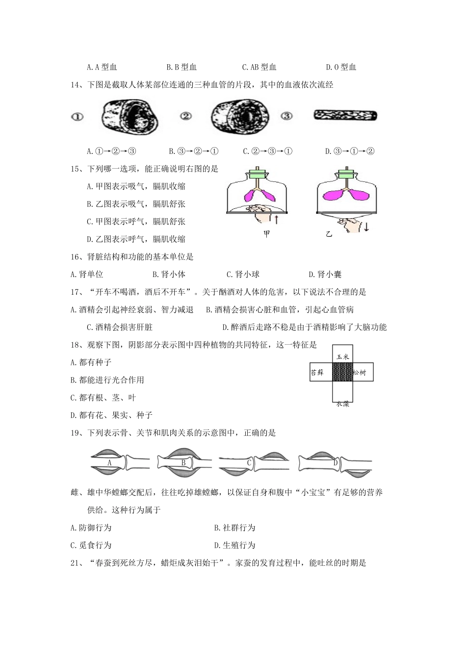 初中生物学业水平考试模拟生物试卷(2)(无答案) 试题_第3页