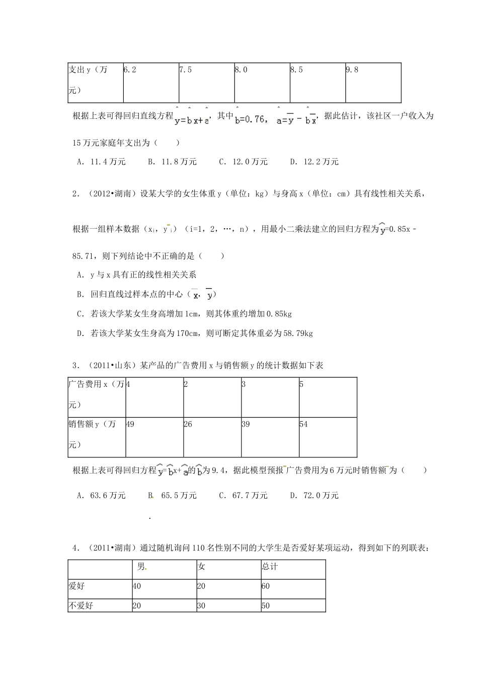 山东省济宁市高三数学 考试清单 考点十六 线性回归方程、独立性检验、正态分布试卷_第2页