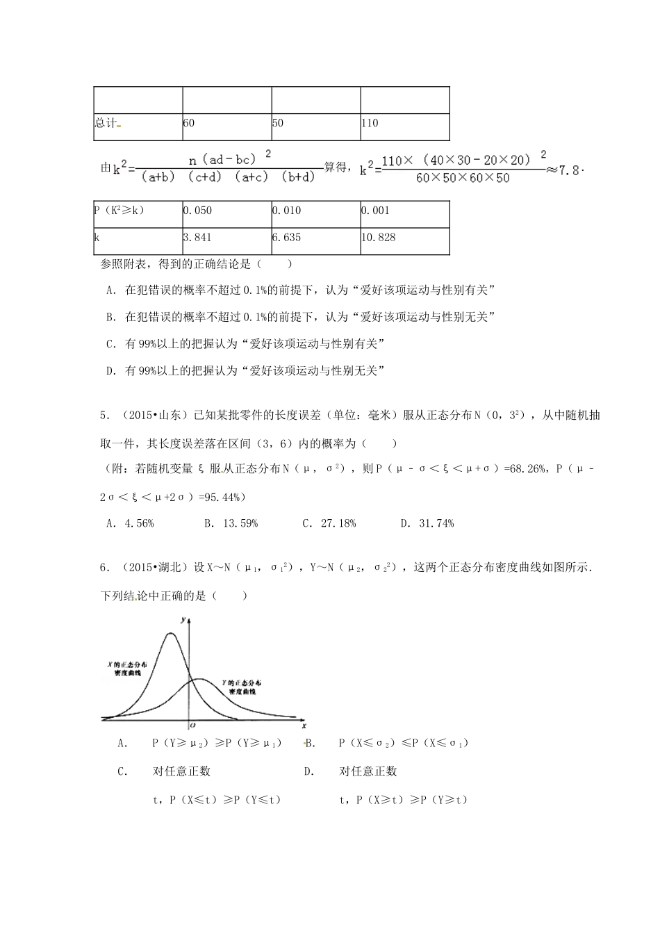 山东省济宁市高三数学 考试清单 考点十六 线性回归方程、独立性检验、正态分布试卷_第3页