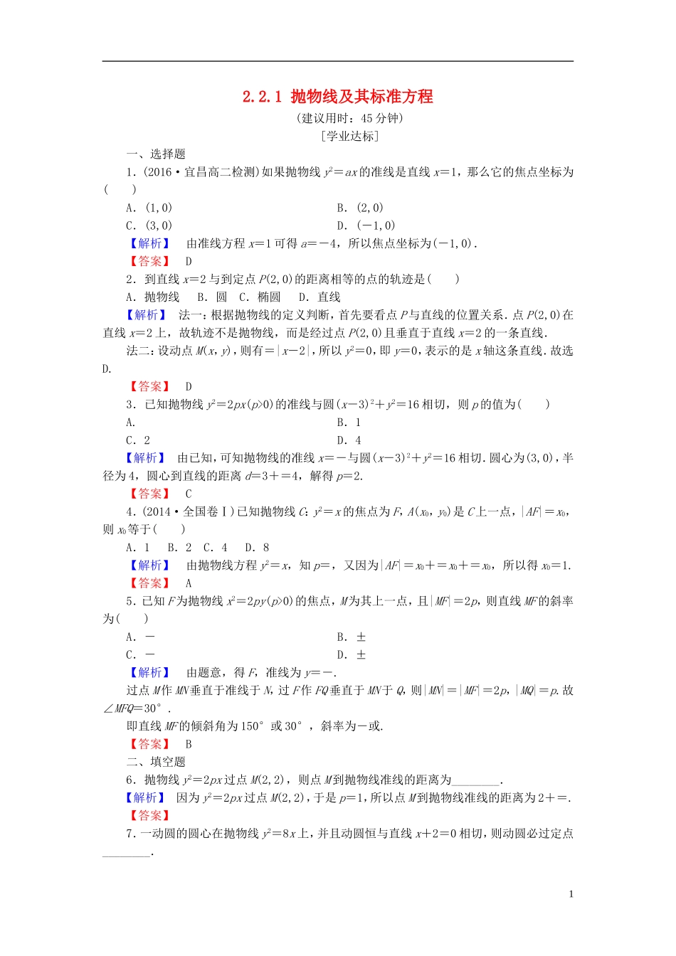 高中数学 第二章 圆锥曲线与方程 2.2.1 抛物线及其标准方程学业分层测评（含解析）北师大版选修1-1-北师大版高二选修1-1数学试题_第1页