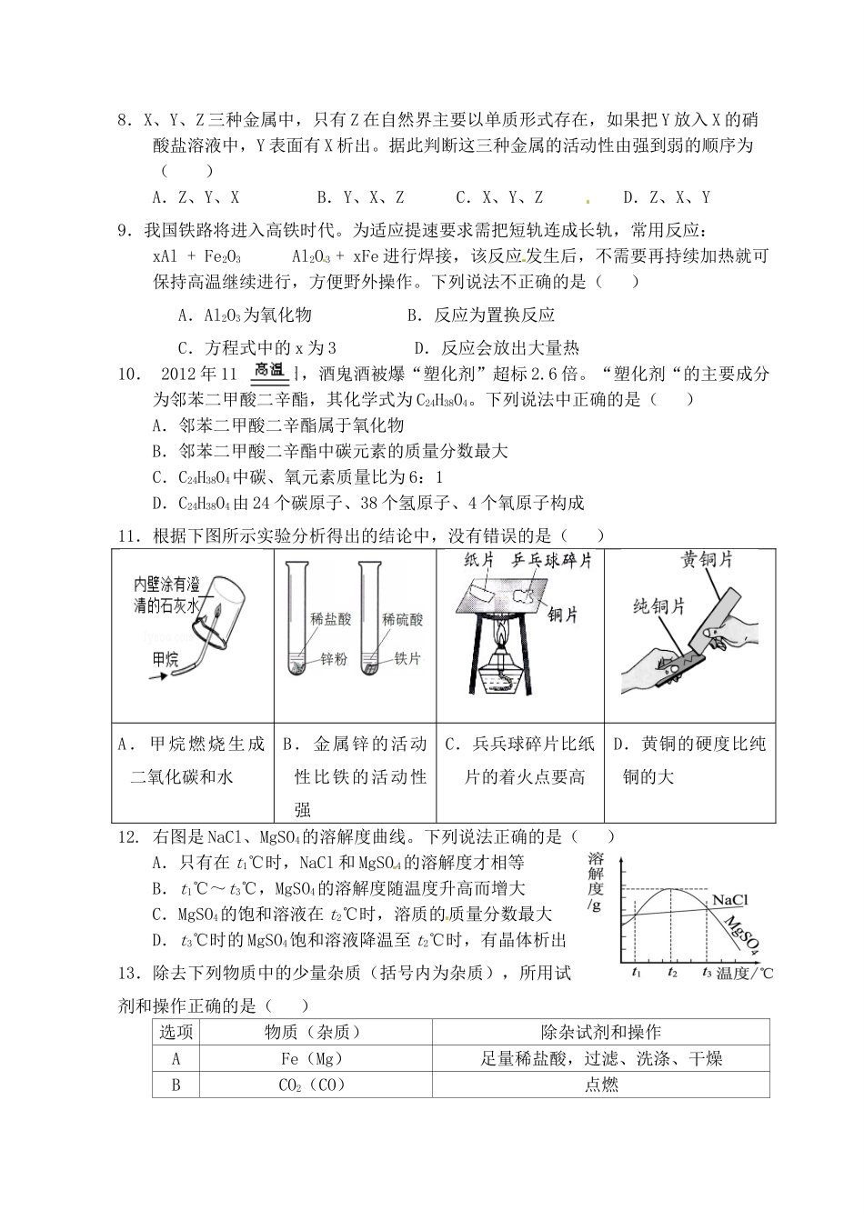 九年级化学下学期寒假作业质量检测试卷 新人教版试卷_第2页
