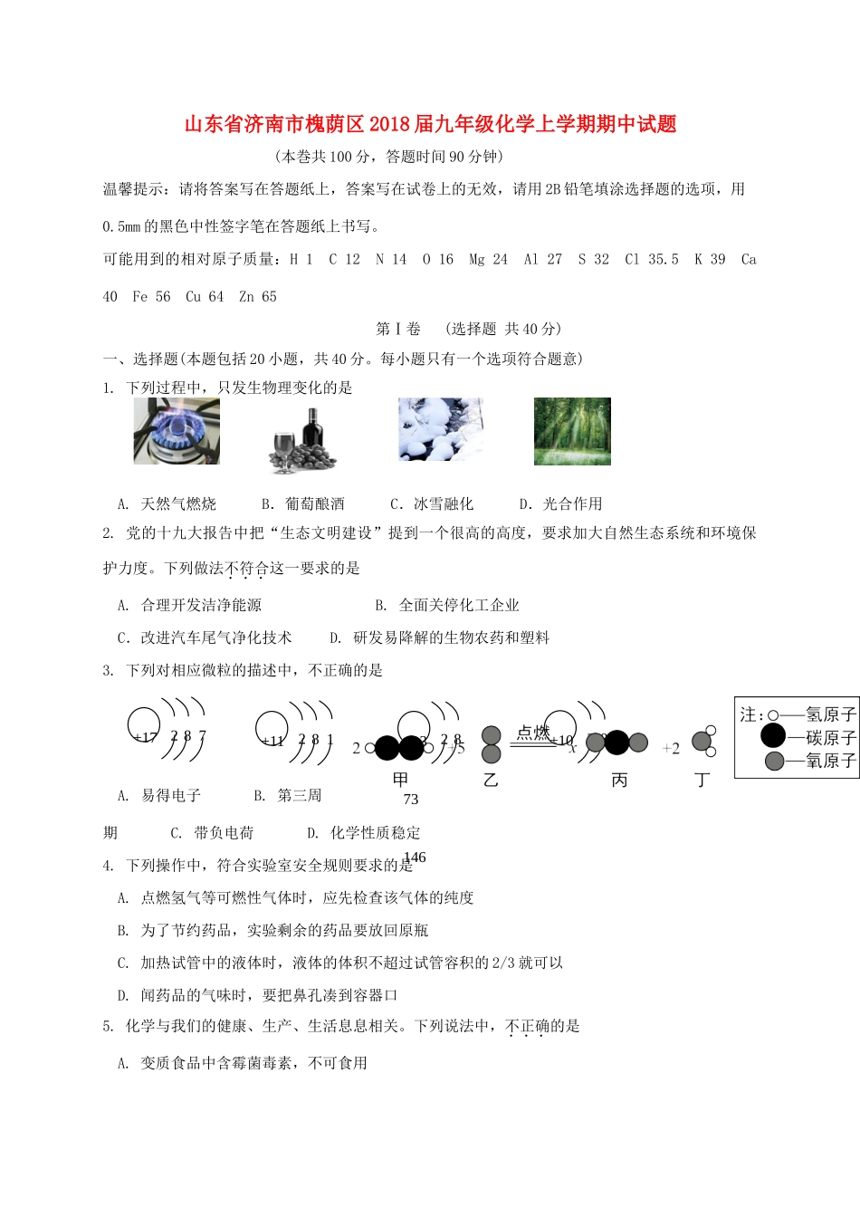 山东省济南市槐荫区九年级化学上学期期中试卷_第1页