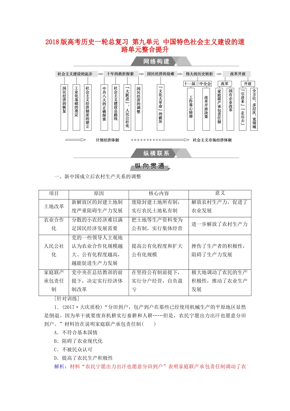 高考历史一轮总复习 第九单元 中国特色社会主义建设的道路单元整合提升-人教版高三全册历史试题_第1页